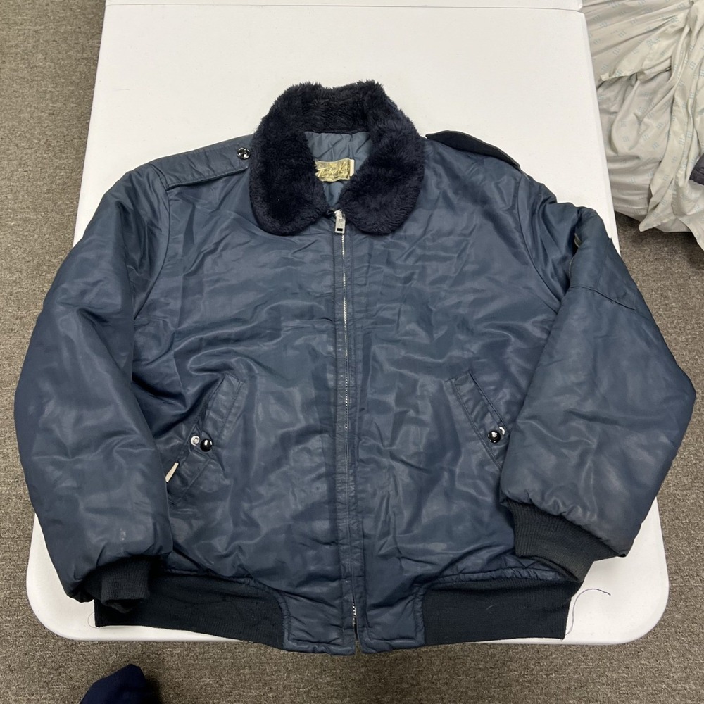 Vintage timber king Flight Jacket Men L Navy Blue Faux Fur Collar Quilted Bomber